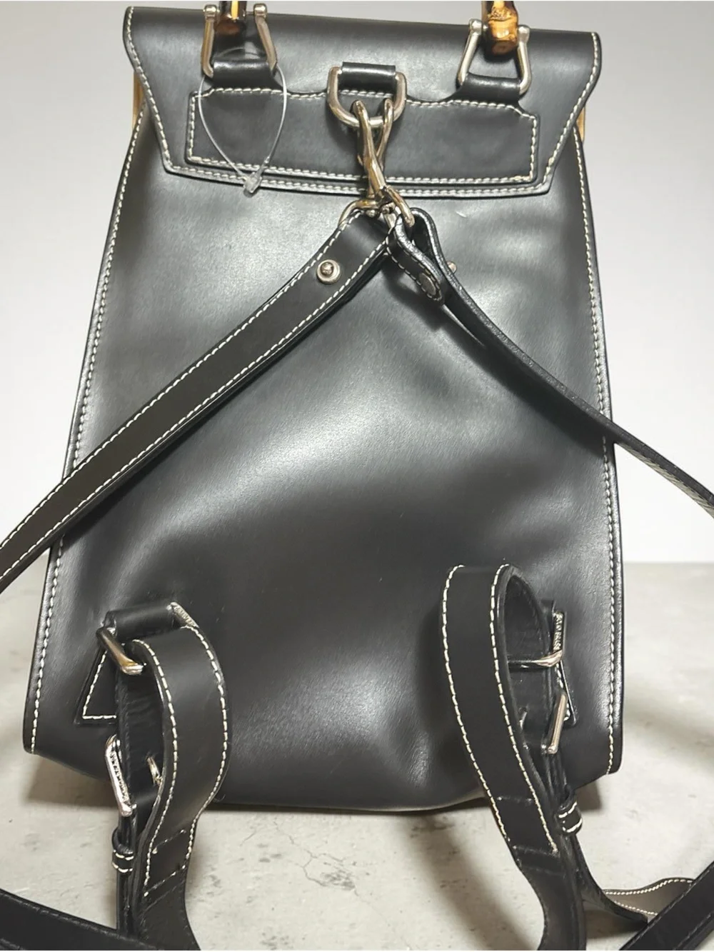 Dooney & Bourke Black Leather Backpack with Bamboo Top Handle-COA